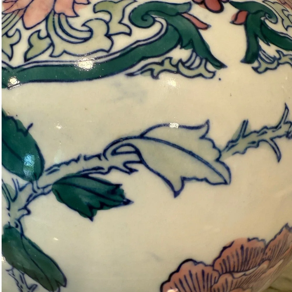 Vintage Chinoiserie Floral Ceramic Ginger Jar Vase Pink Teal Peony‎ 9 Inch